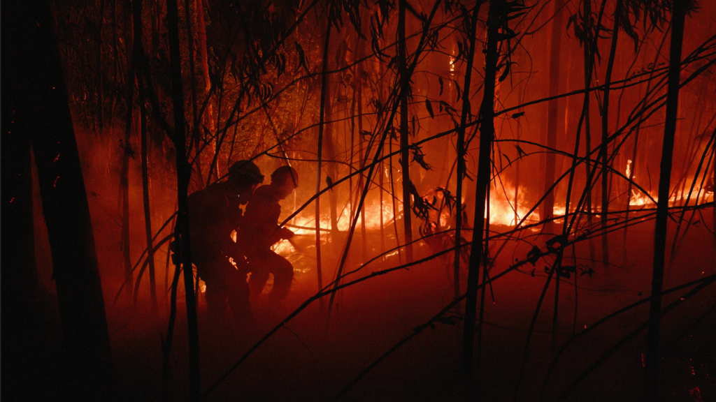 Two rescuers fighting wildfire.